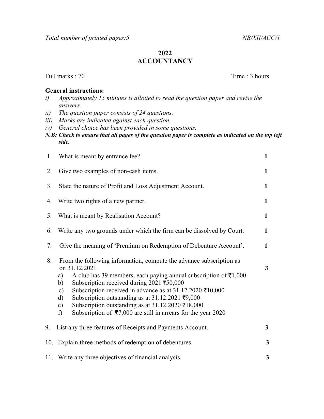 Nagaland Board Class 12 Accountancy 2022 Question Paper - Page 1