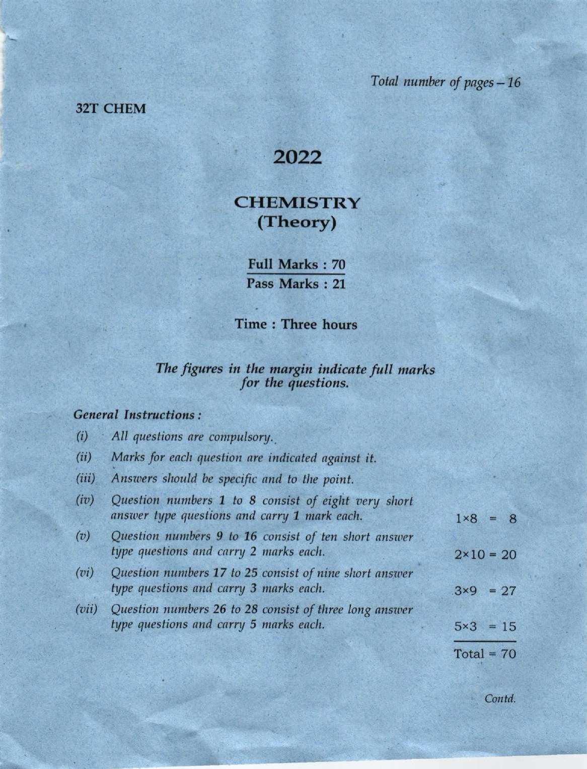 Assam HS 2nd Year Chemistry 2022 Question Paper - Page 1