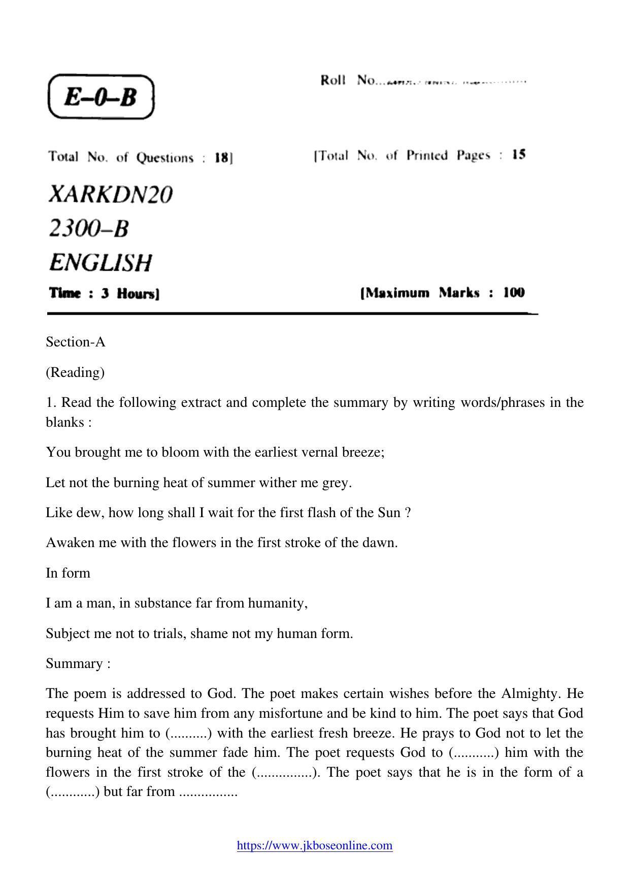 JKBOSE CLASS 10 English (2300-B) 2020 - Page 1