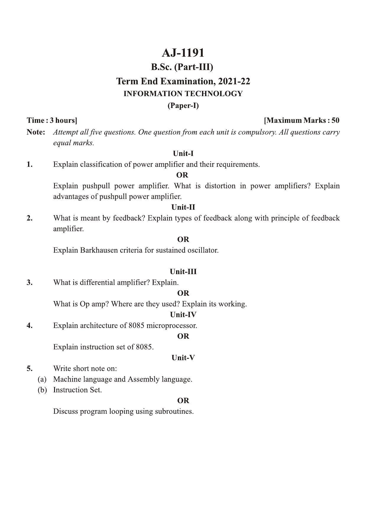 Bilaspur University Question Paper 2021-2022:B. Sc. Part-III (Three)  Information Technology Paper 1  - Page 1