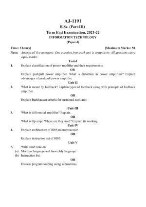 Bilaspur University Question Paper 2021-2022:B. Sc. Part-III (Three)  Information Technology Paper 1 