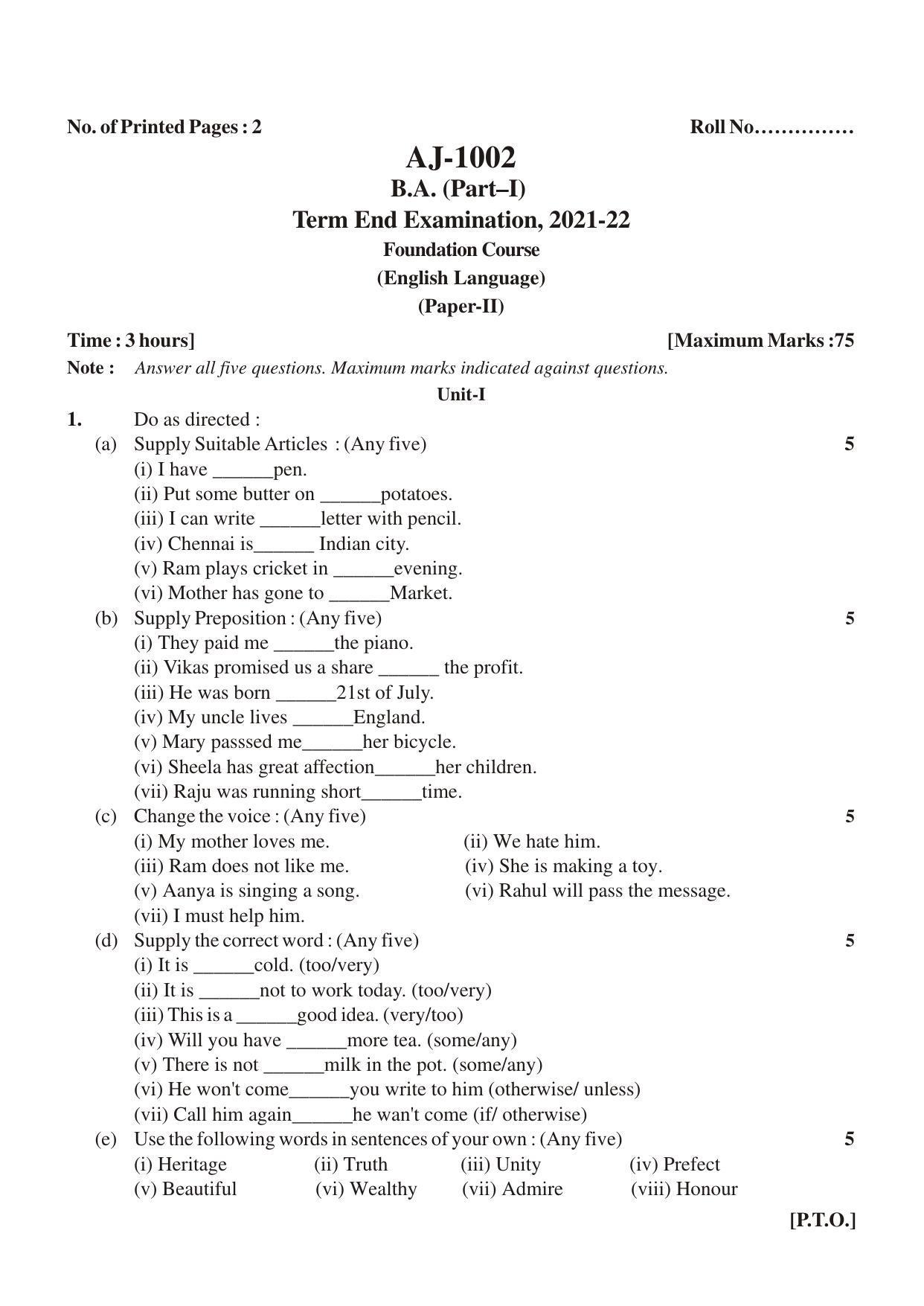 Bilaspur University Question Paper 2021-2022:B.A. Part-I (One) (Regular)FC :English Language Paper 1 - Page 1