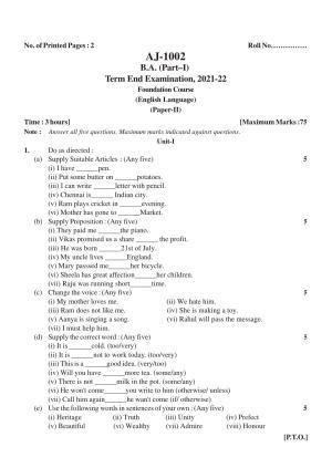 Bilaspur University Question Paper 2021-2022:B.A. Part-I (One) (Regular)FC :English Language Paper 1