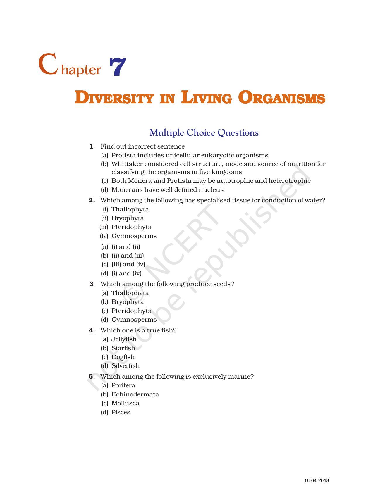 NCERT Exemplar Book for Class 9 Science: Chapter 7 Diversity in Living Organisms - Page 1