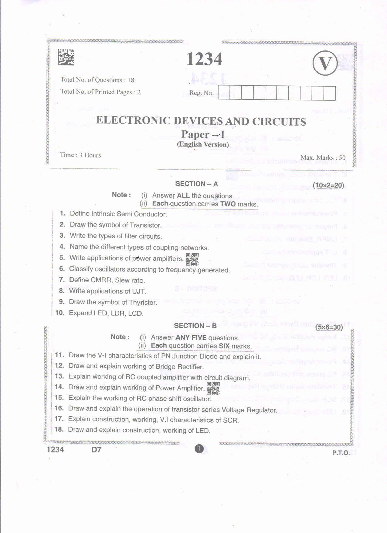 AP Intermediate 2nd Year Vocational Question Paper September-2021- Electronic_Devices_and_Circuits-I - Page 1
