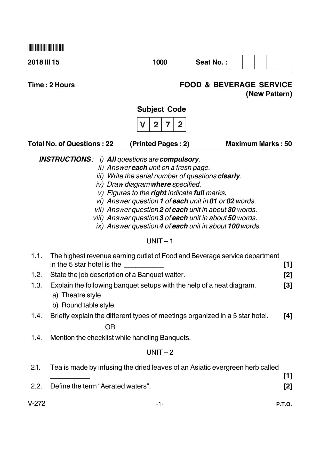 Goa Board Class 12 Food & Beverage Service  Voc 272 New Pattern (March 2018) Question Paper - Page 1