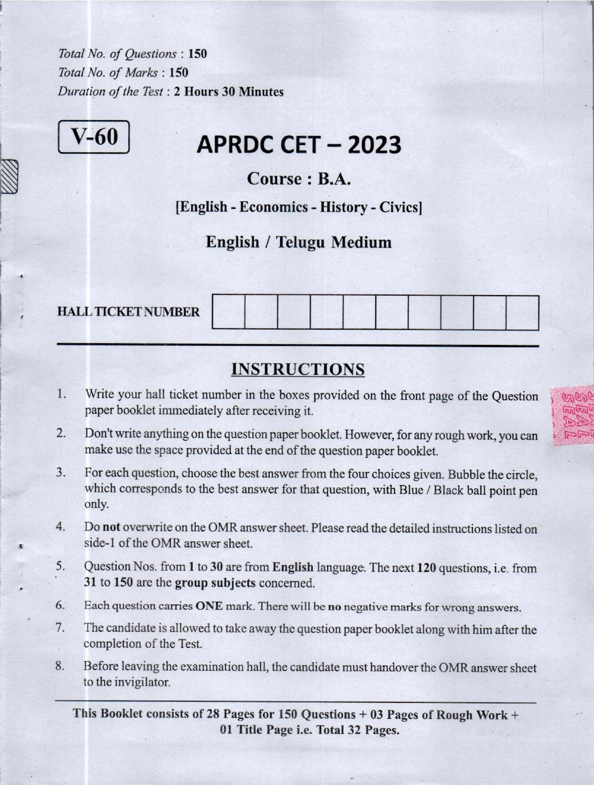 APRDC CET 2023 B.A. E&T Model Paper - Page 1