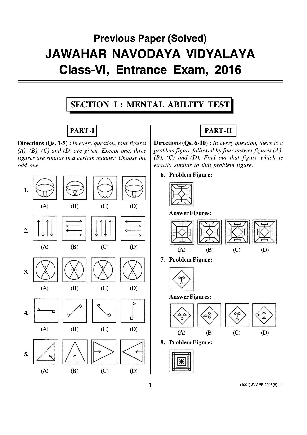 JNVST Class 6 2016 Question Paper with Solutions - Page 1