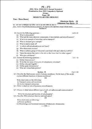 Bilaspur University Question Paper June 2022:M.Sc. Zoology (Second Semester) Molecular Cell Biology paper 1