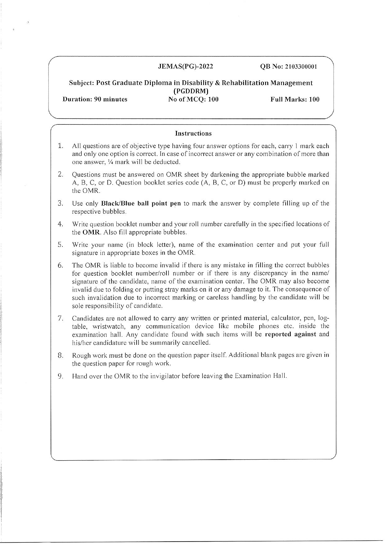 WBJEEB JEMAS (PG) 2022 PGDDRM Question Paper - Page 1