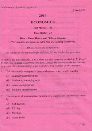 COHSEM Class 12 Economics 2016 Question Papers