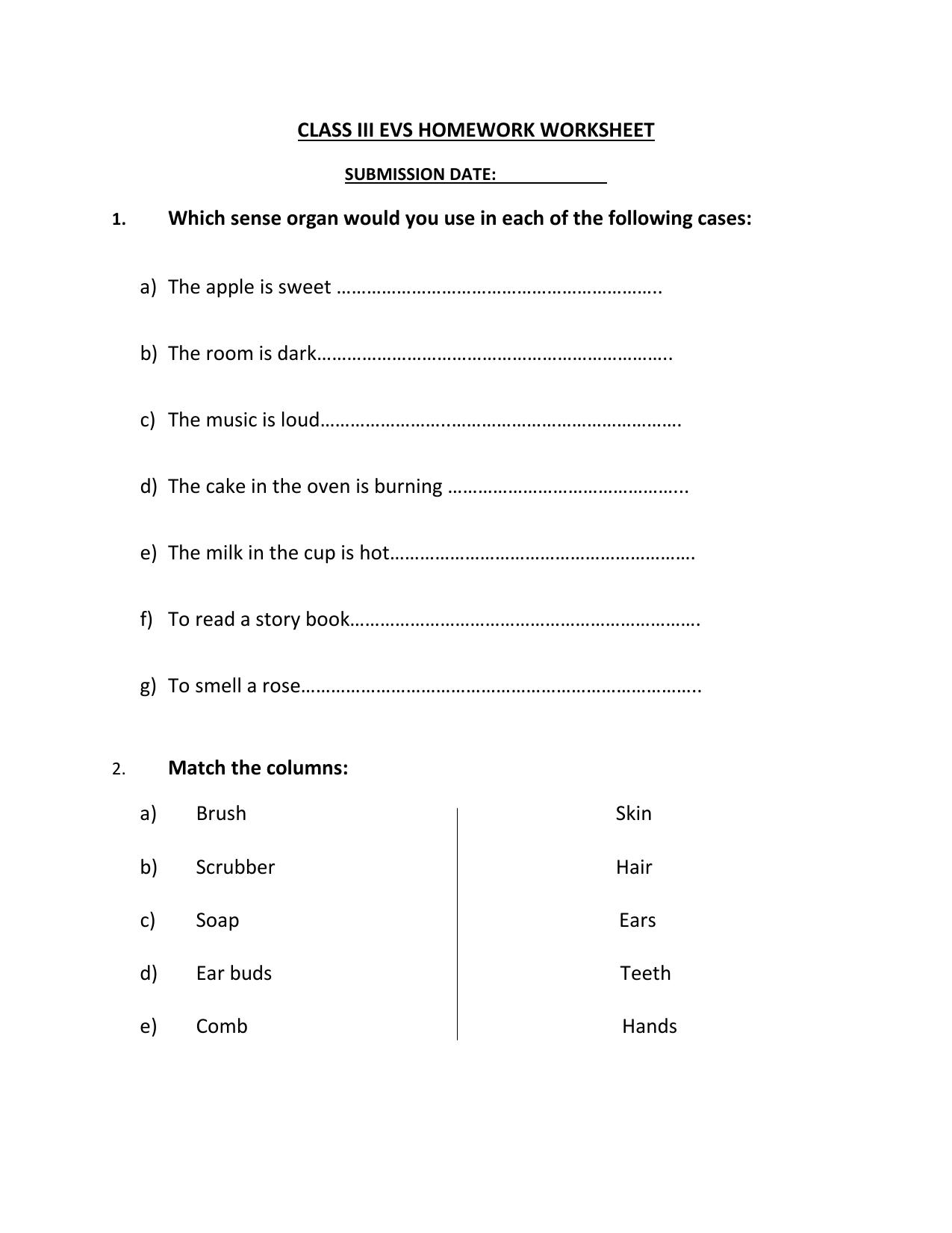 Worksheet for Class 3 EVS Assignment 65 Senses - Page 1