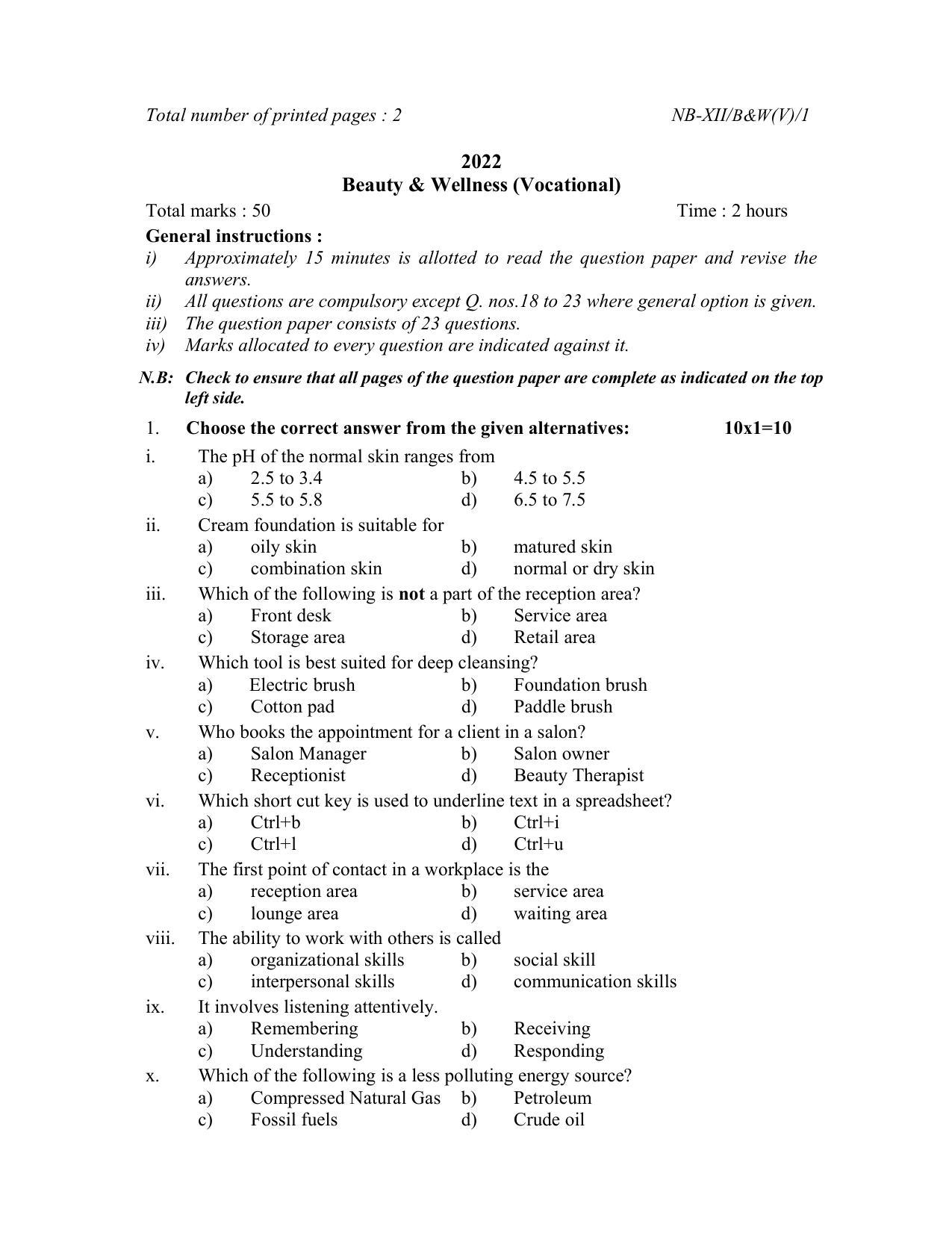 Nagaland Board Class 12 Beauty and Wellness 2022 Question Paper - Page 1