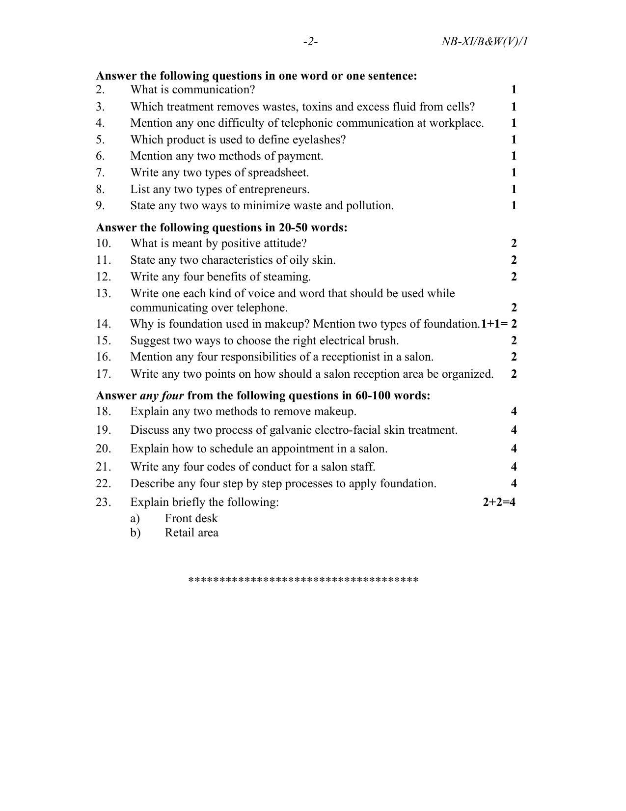 Nagaland Board Class 12 Beauty and Wellness 2022 Question Paper - Page 2
