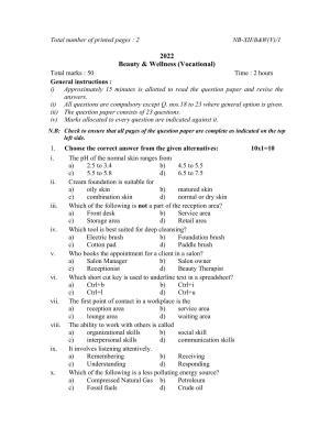 Nagaland Board Class 12 Beauty and Wellness 2022 Question Paper