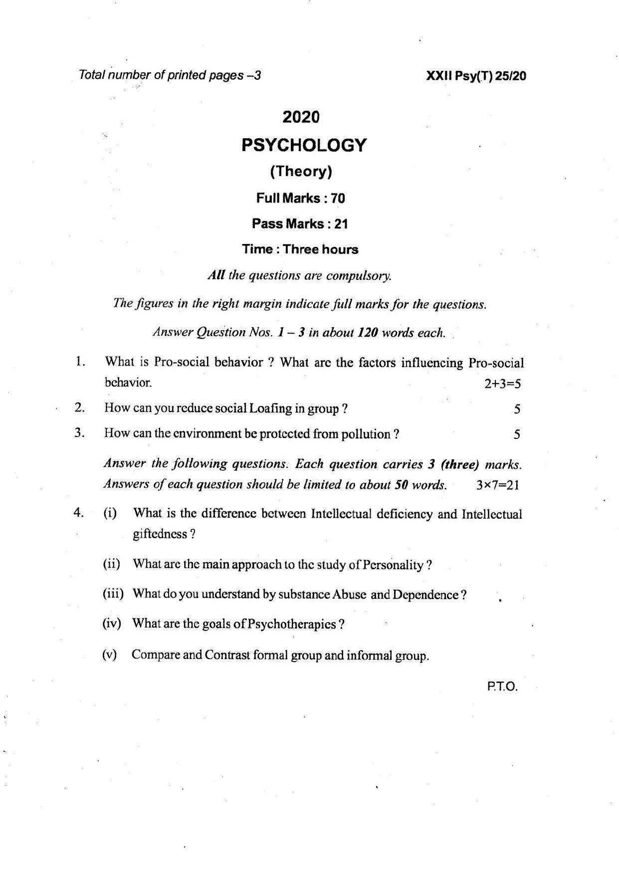 COHSEM Class 12 Psychology Question Papers 2020 - Page 1