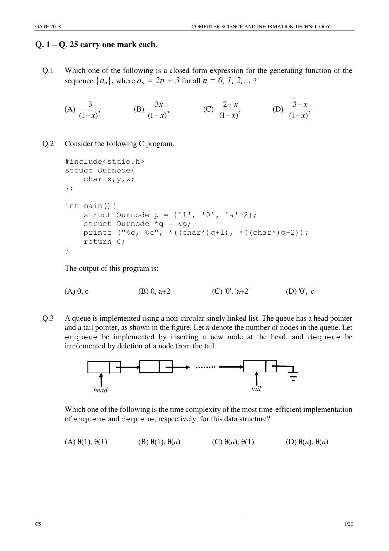 GATE 2018 Computer Science and Information Technology (CS) Question Paper with Answer Key - Page 4