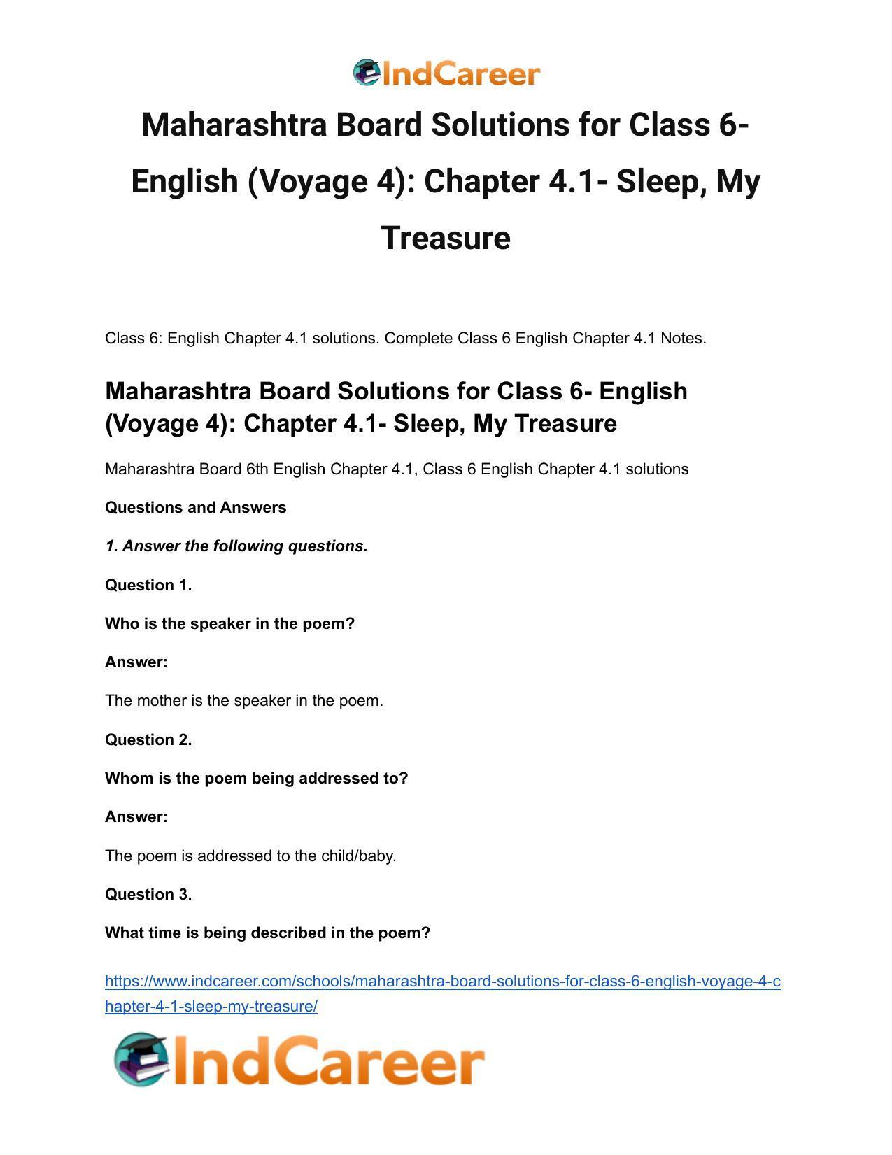 Maharashtra Board Solutions for Class 6- English (Voyage 4): Chapter 4.1- Sleep, My Treasure - Page 2