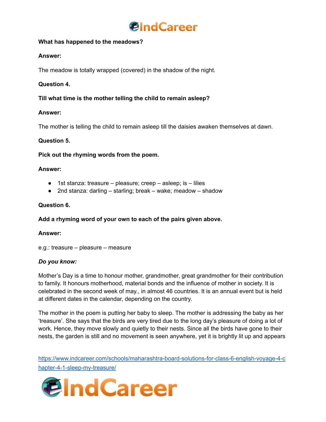 Maharashtra Board Solutions for Class 6- English (Voyage 4): Chapter 4.1- Sleep, My Treasure - Page 9
