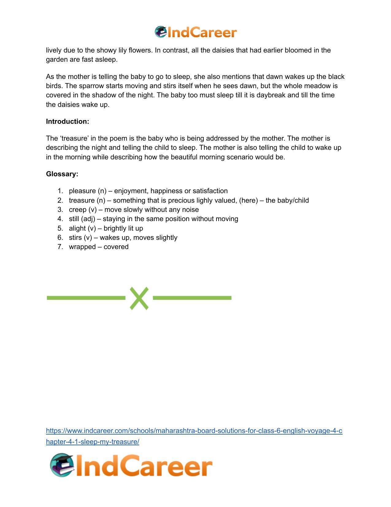 Maharashtra Board Solutions for Class 6- English (Voyage 4): Chapter 4.1- Sleep, My Treasure - Page 10