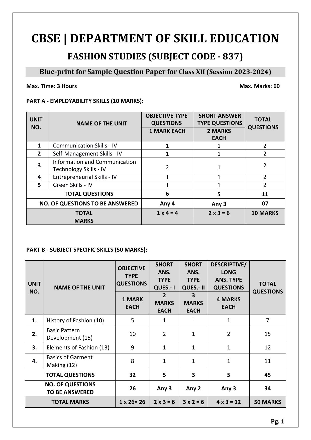CBSE Class 12 (Skill Education) Fashion Studies 2024 Sample Paper - Page 1