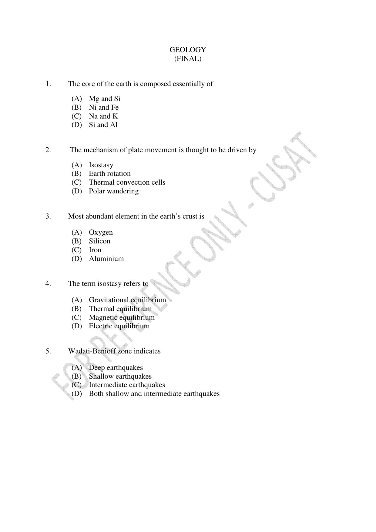CUSAT CAT 2023 GEOLOGY Question Paper - Page 1