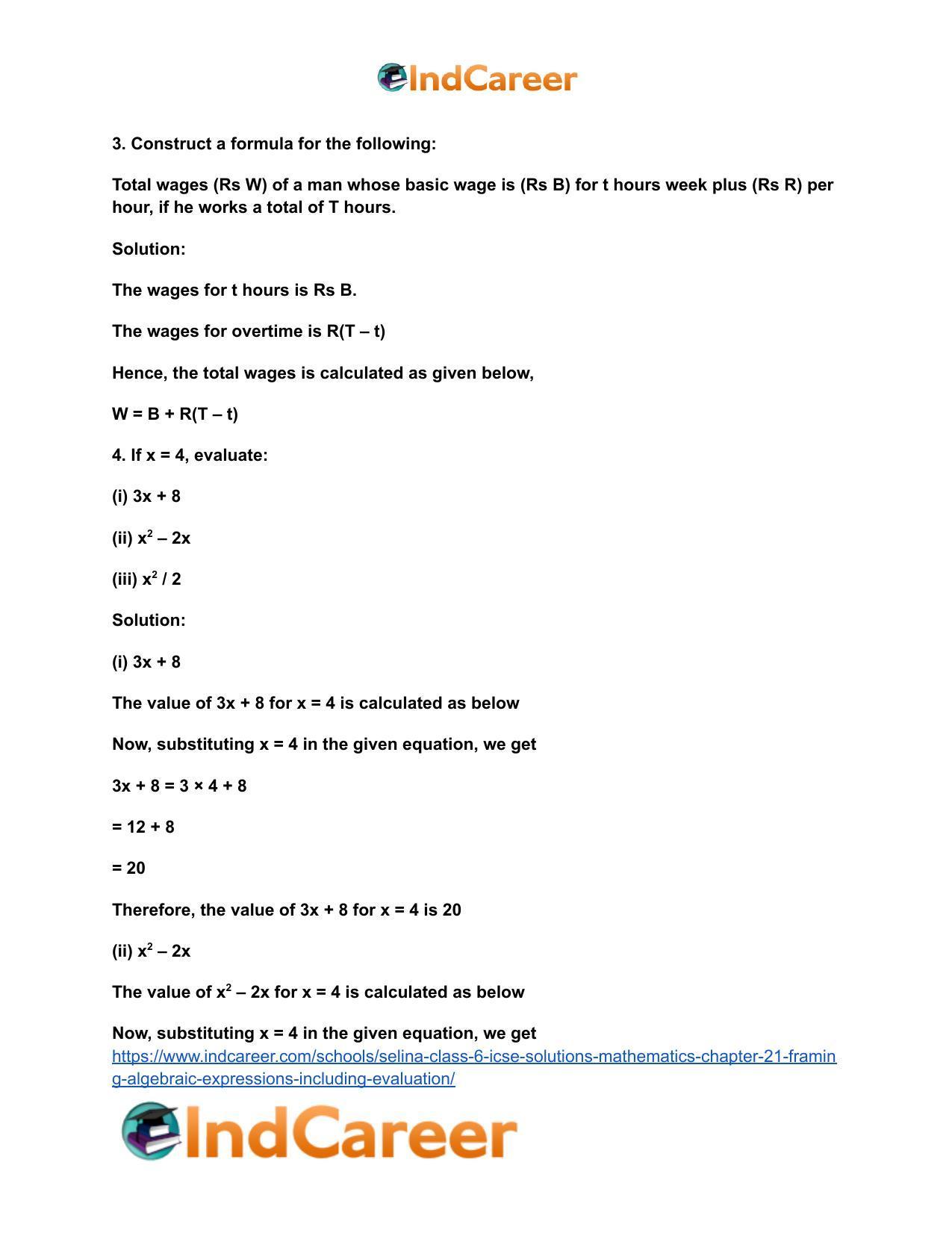 Selina Class 6 ICSE Solutions Mathematics : Chapter 21- Framing Algebraic Expressions (Including Evaluation) - Page 4