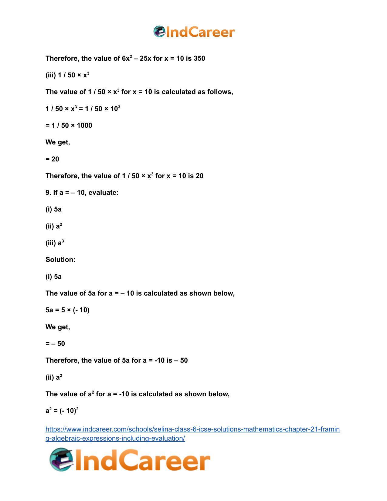 Selina Class 6 ICSE Solutions Mathematics : Chapter 21- Framing Algebraic Expressions (Including Evaluation) - Page 10