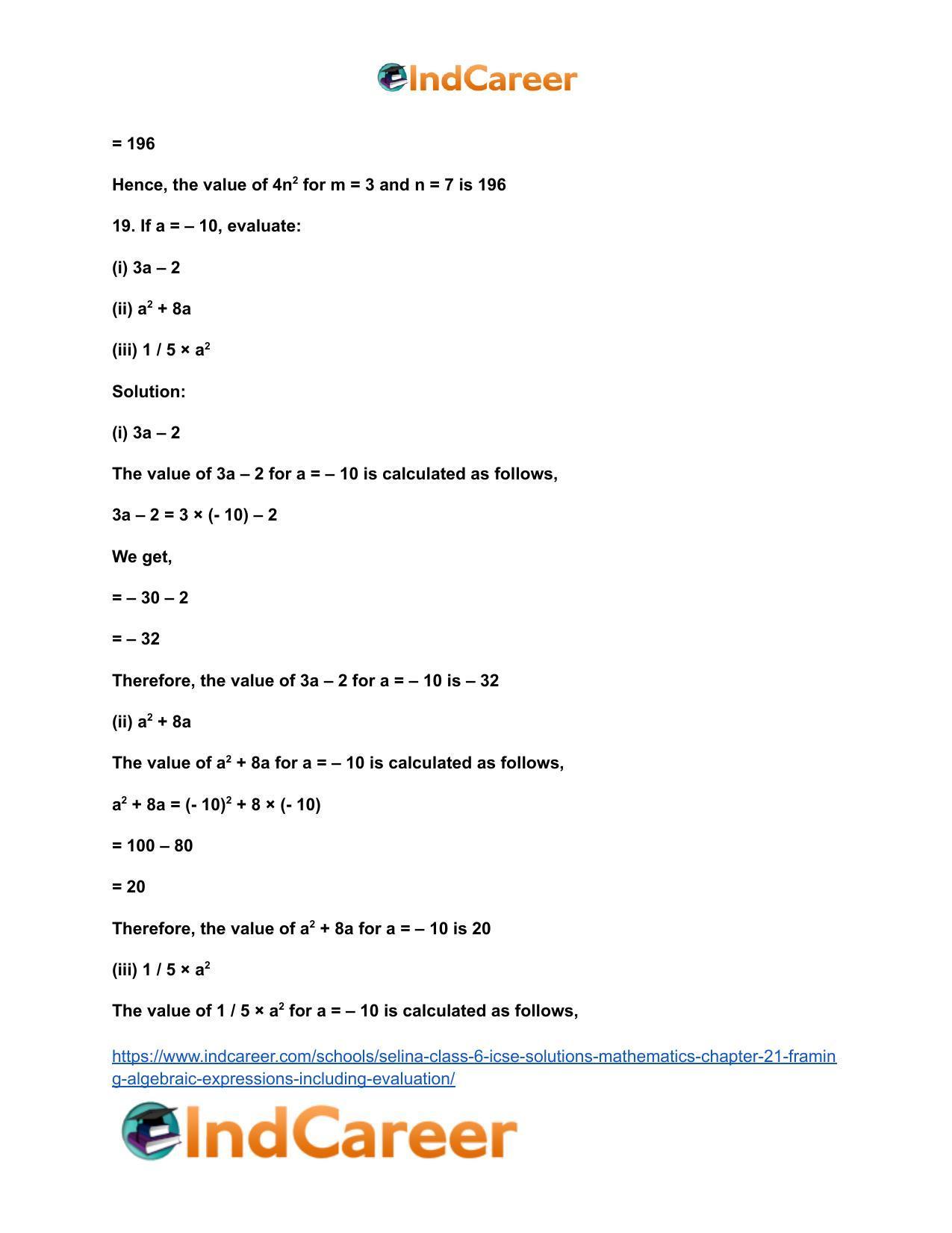 Selina Class 6 ICSE Solutions Mathematics : Chapter 21- Framing Algebraic Expressions (Including Evaluation) - Page 22