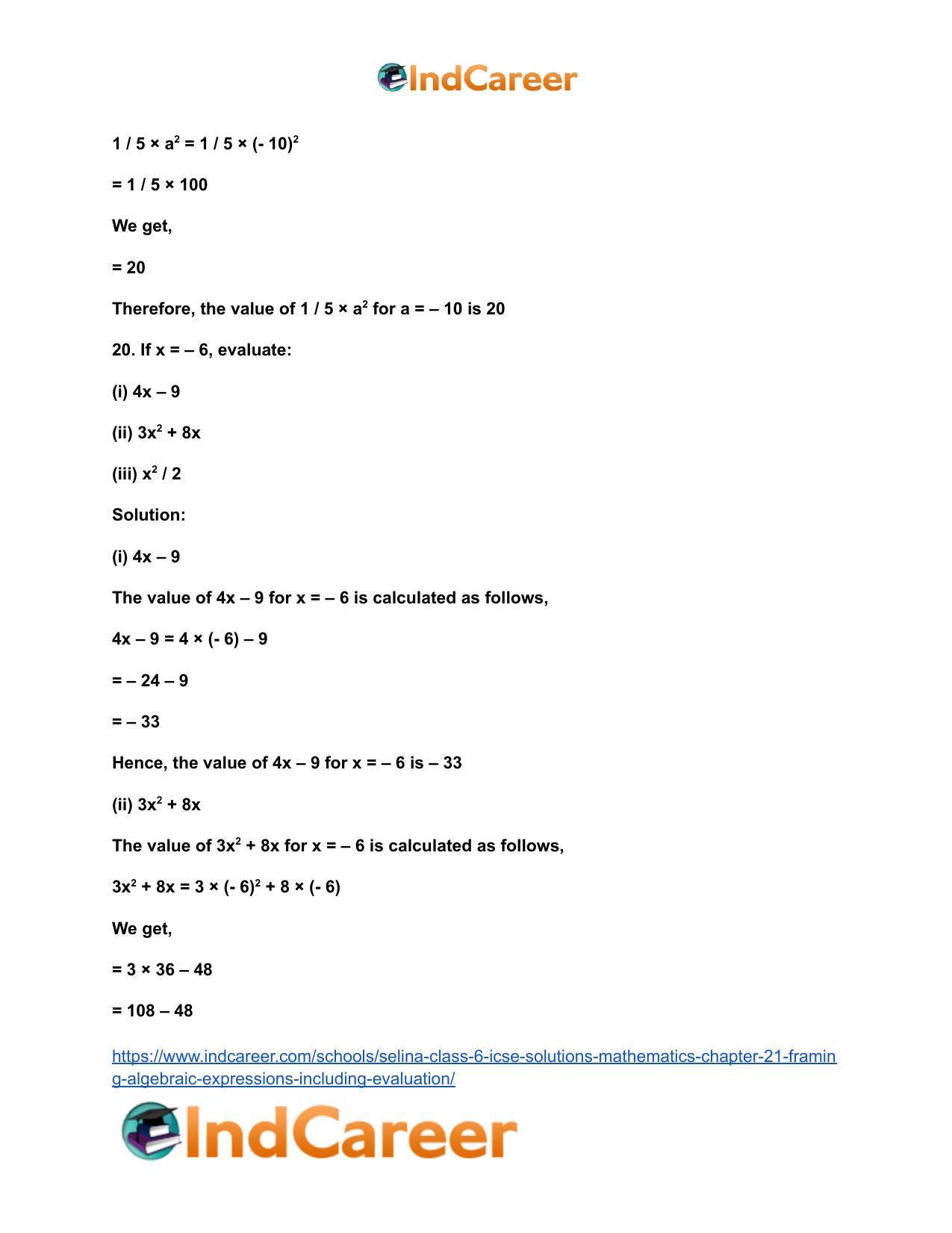 Selina Class 6 ICSE Solutions Mathematics : Chapter 21- Framing Algebraic Expressions (Including Evaluation) - Page 23