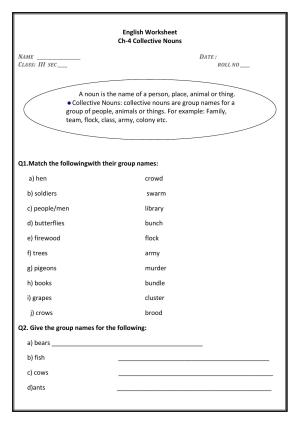 Worksheet for Class 3 English Collective Nouns Assignment