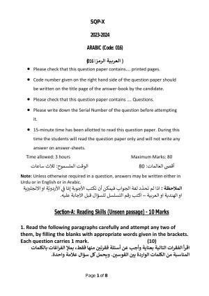 CBSE Class 10 Arabic Sample Paper 2024