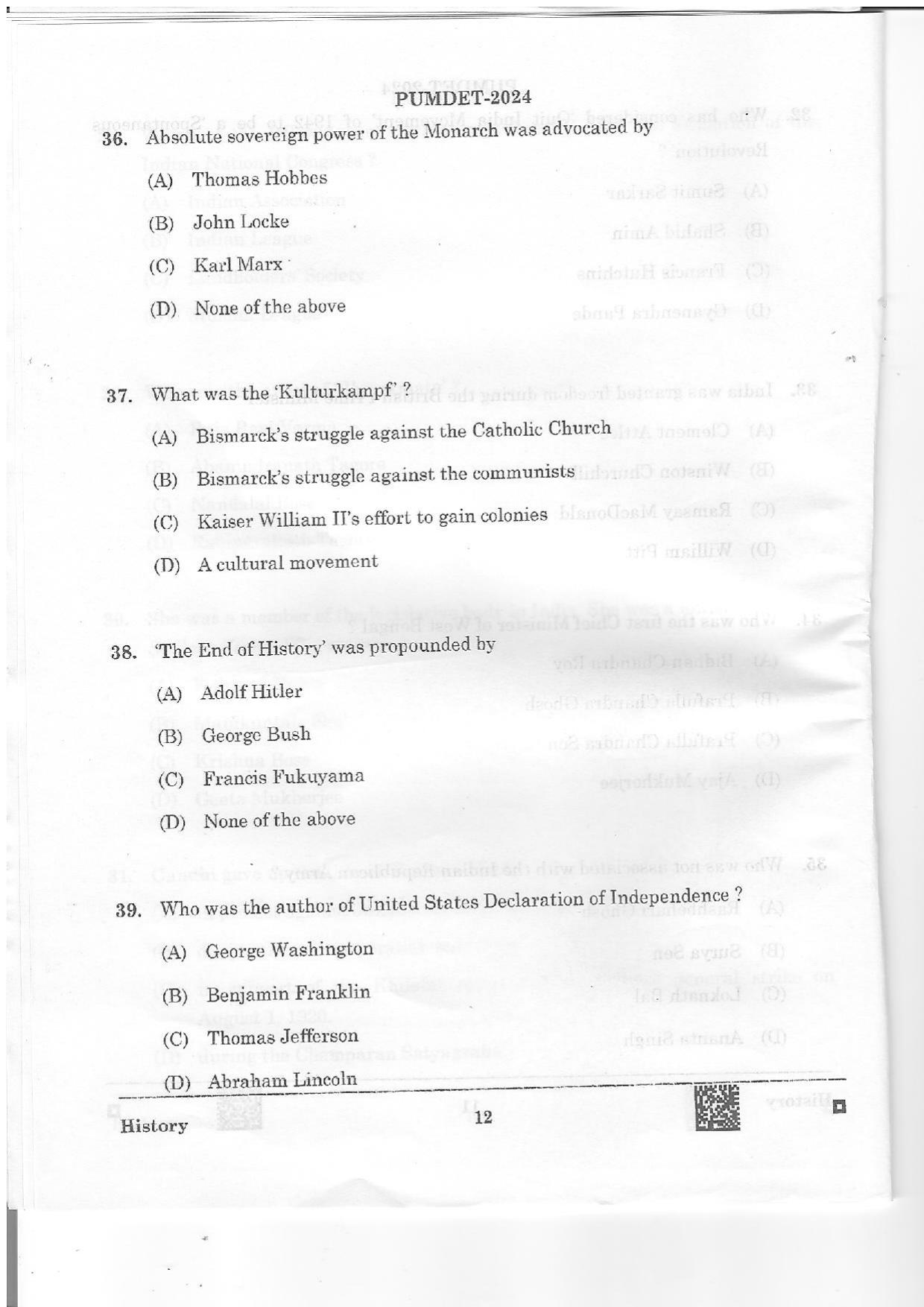PUMDET 2024 History Question Paper - Page 12