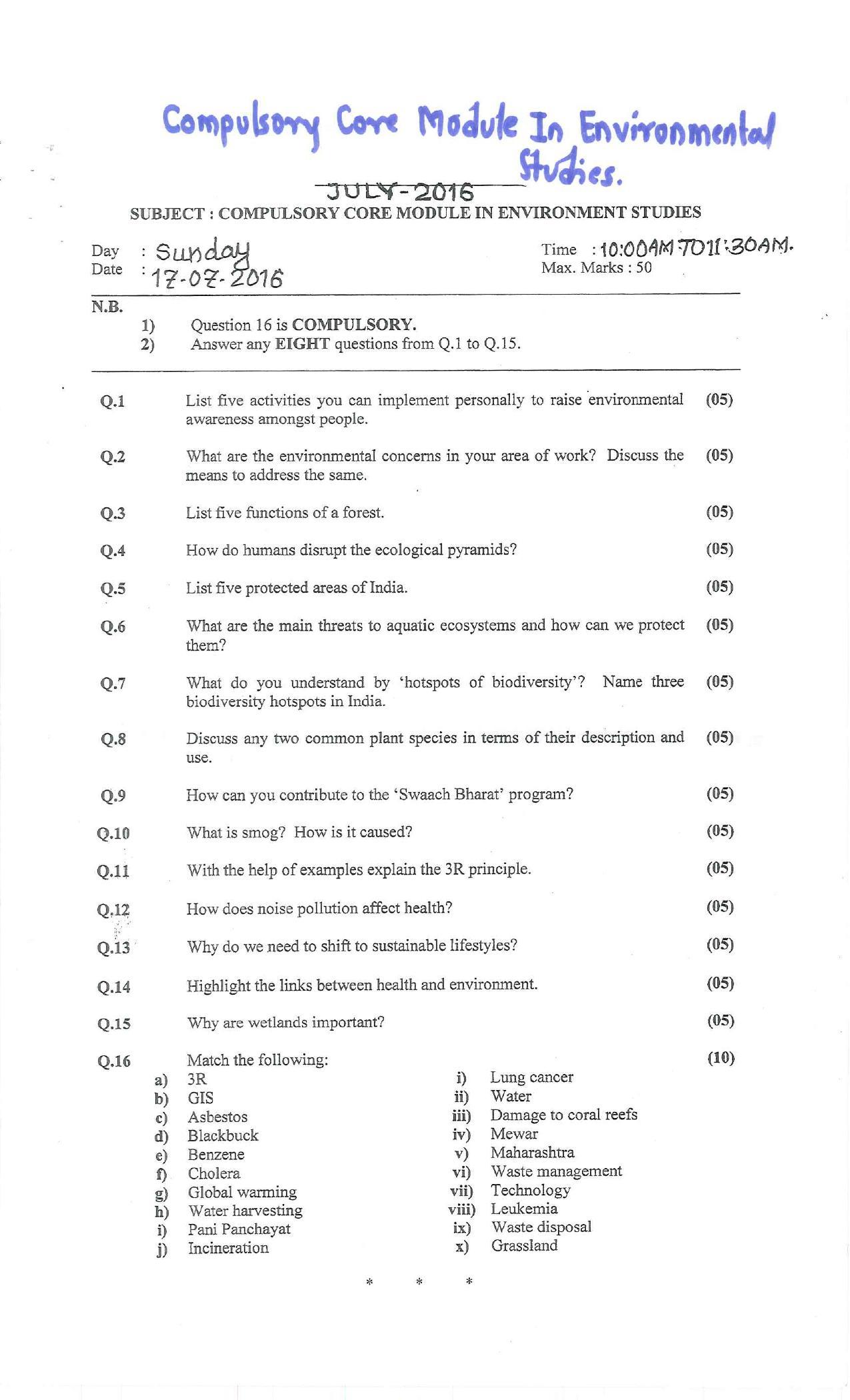 Bharati Vidyapeeth Environmental Studies Archive – Winter 2016 Question Paper - Page 1