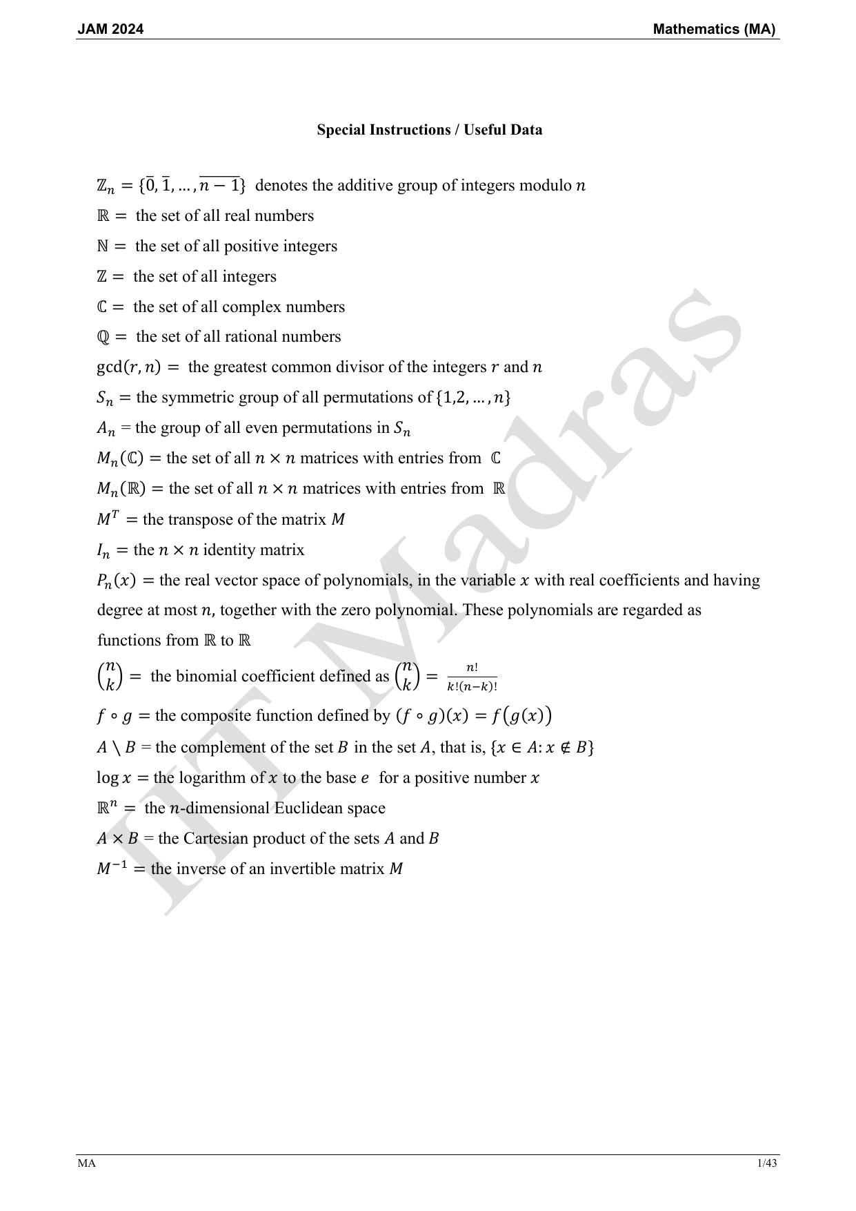 IIT JAM 2024 Mathematics (MA) Master Question Paper - Page 1