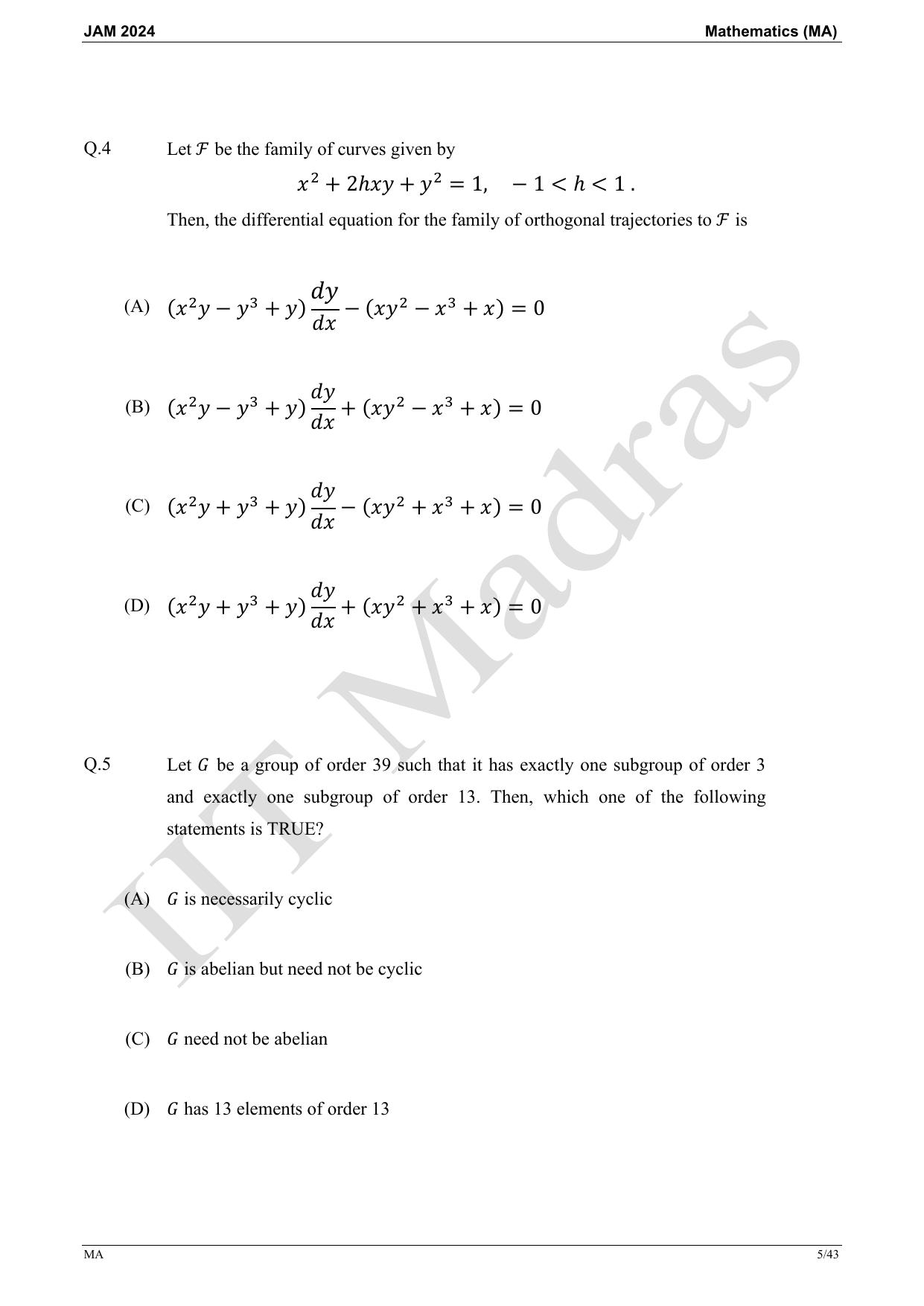 IIT JAM 2024 Mathematics (MA) Master Question Paper - Page 5