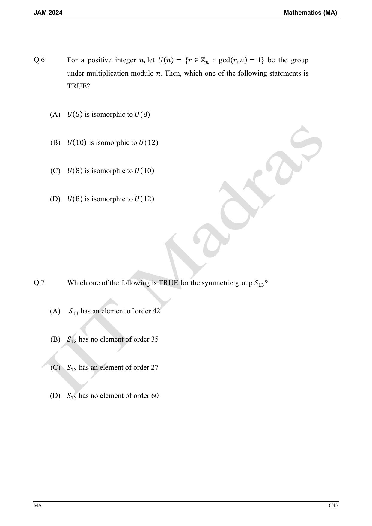 IIT JAM 2024 Mathematics (MA) Master Question Paper - Page 6