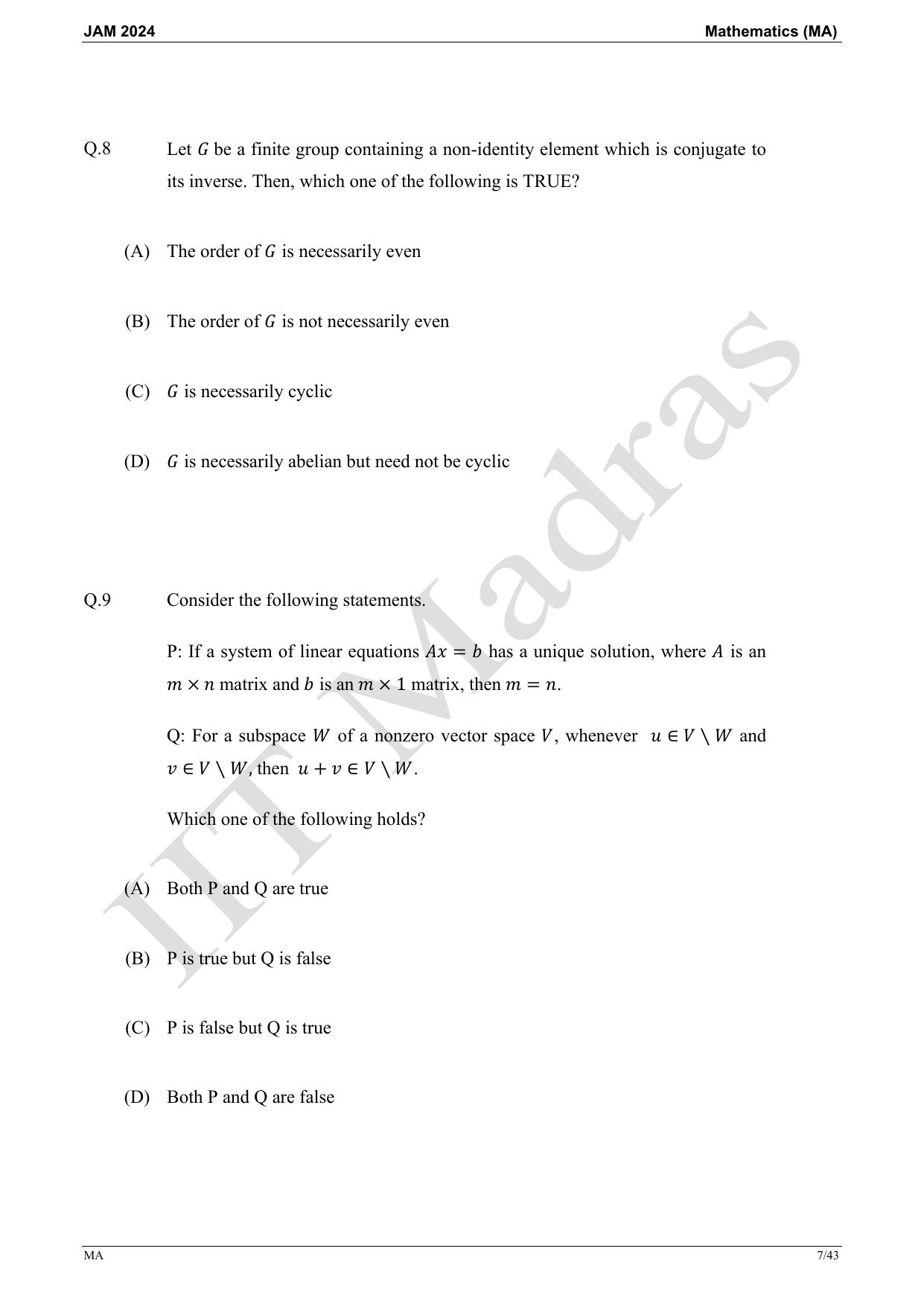 IIT JAM 2024 Mathematics (MA) Master Question Paper - Page 7
