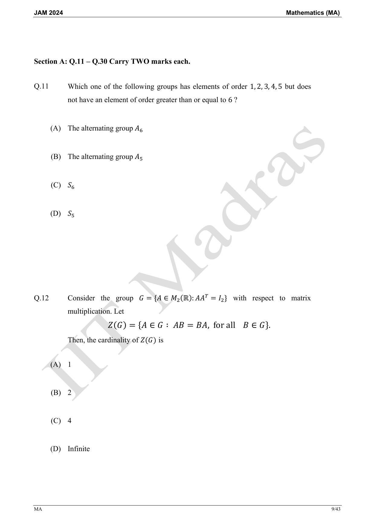 IIT JAM 2024 Mathematics (MA) Master Question Paper - Page 9