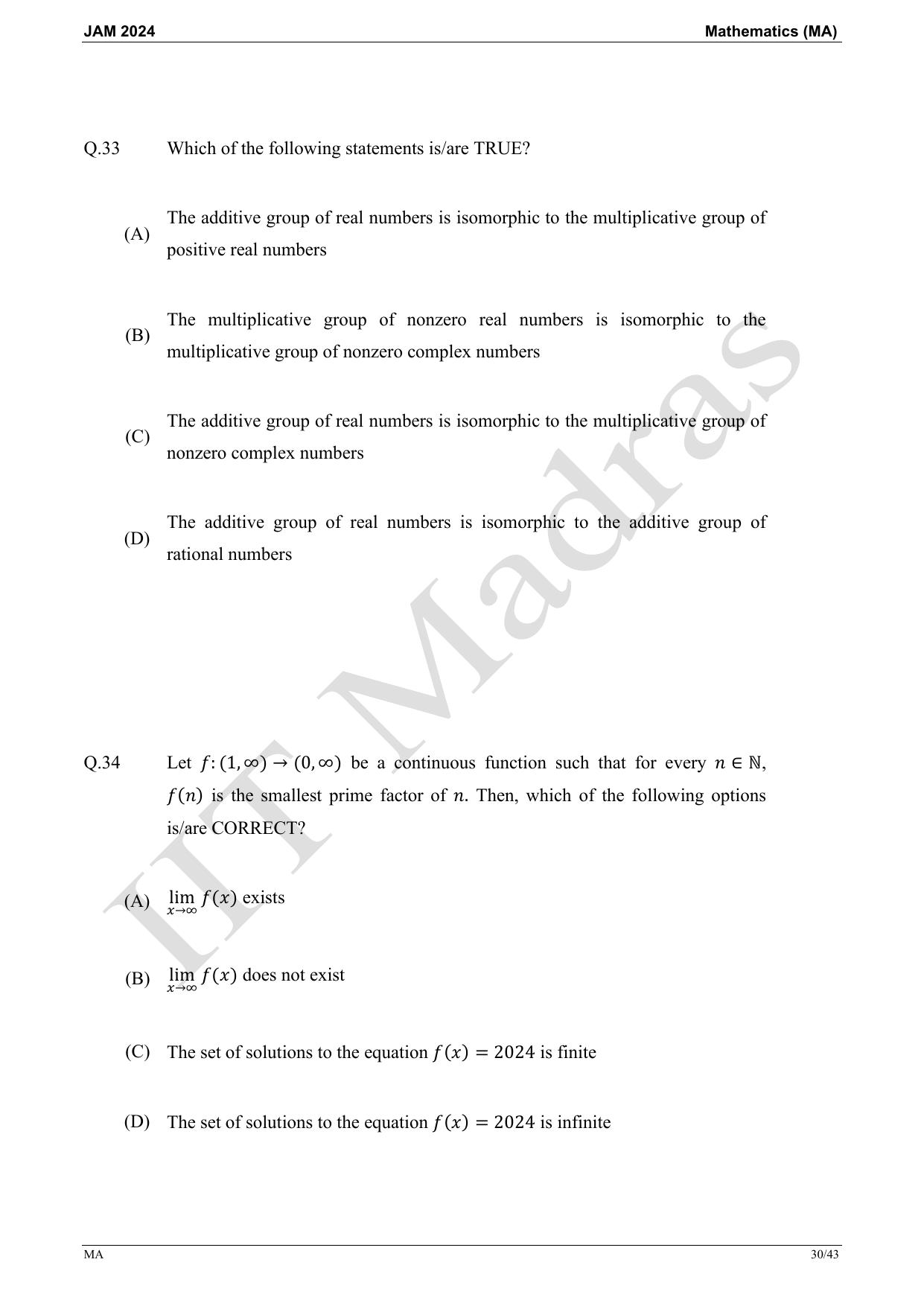 IIT JAM 2024 Mathematics (MA) Master Question Paper - Page 30