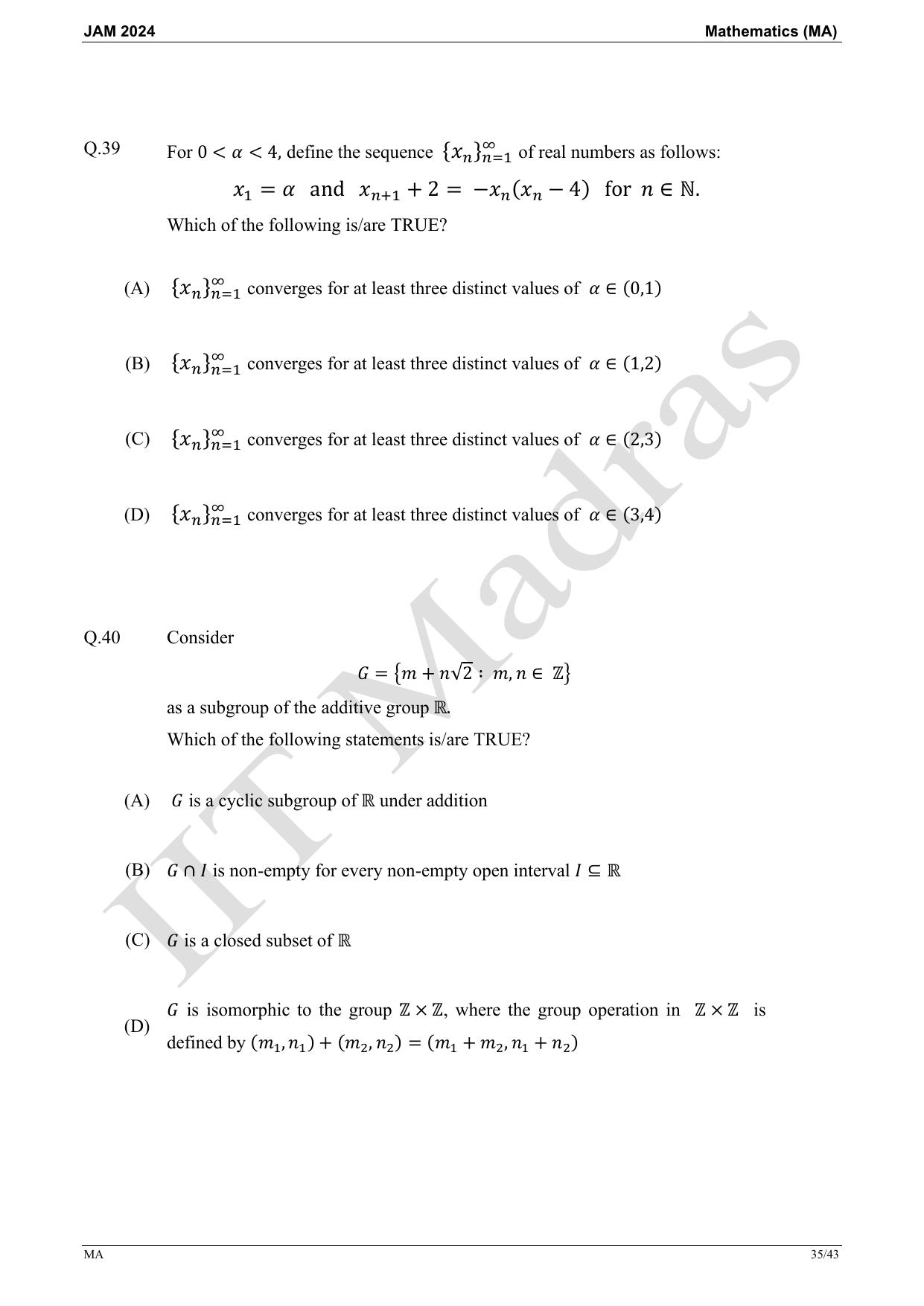 IIT JAM 2024 Mathematics (MA) Master Question Paper - Page 35