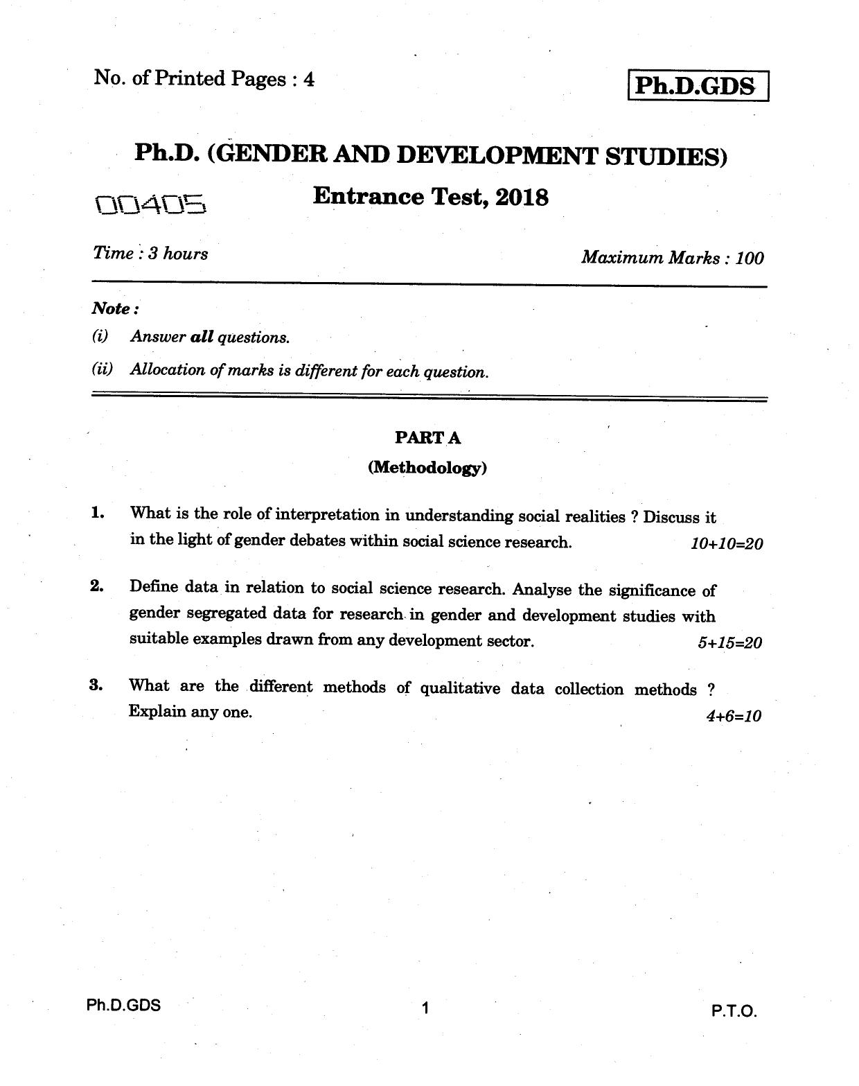 IGNOU PhD Entrance Test Ph.D (Gender And Development Studies) 2018 Question Paper - Page 1