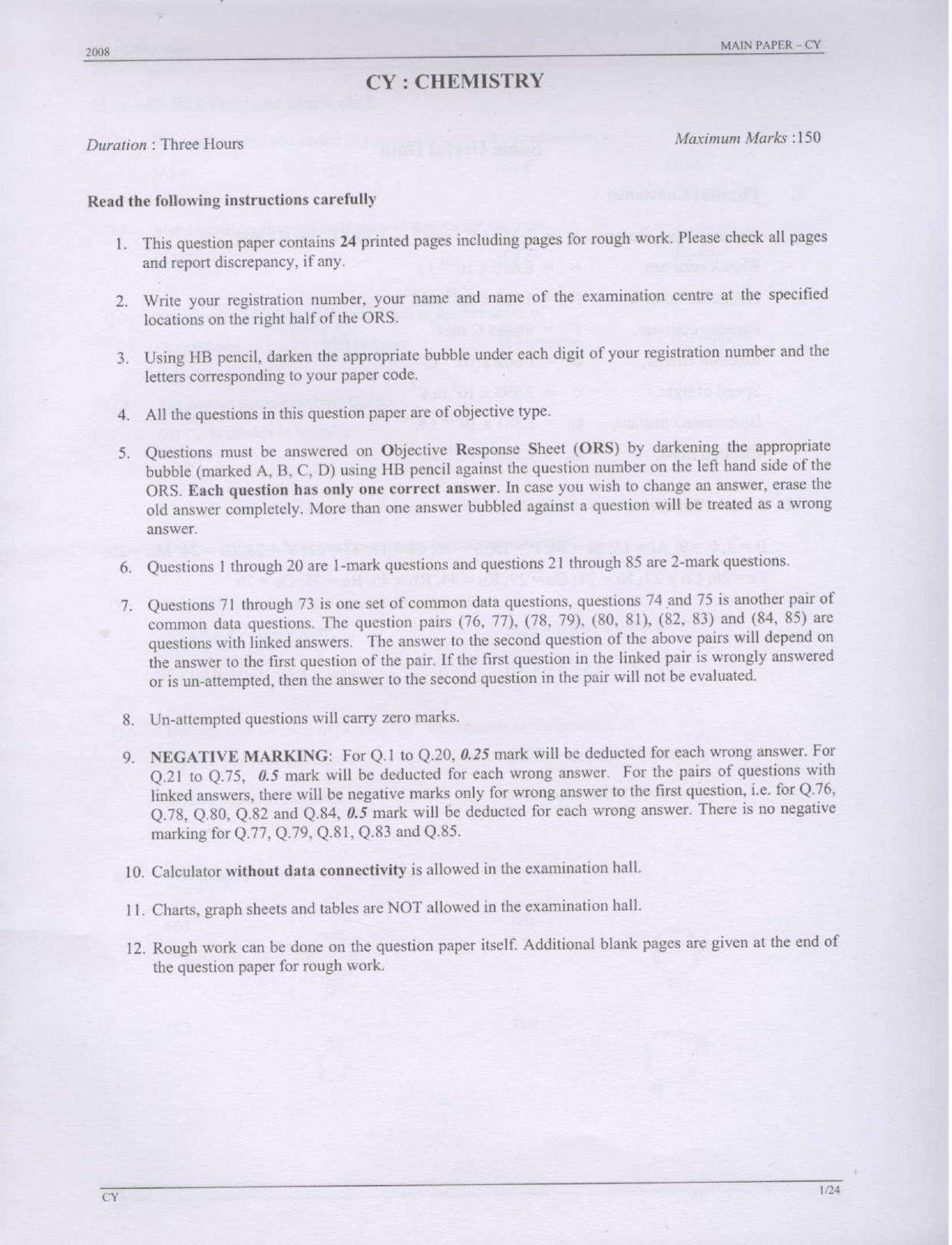 GATE 2008 Chemistry (CY) Question Paper with Answer Key - Page 1