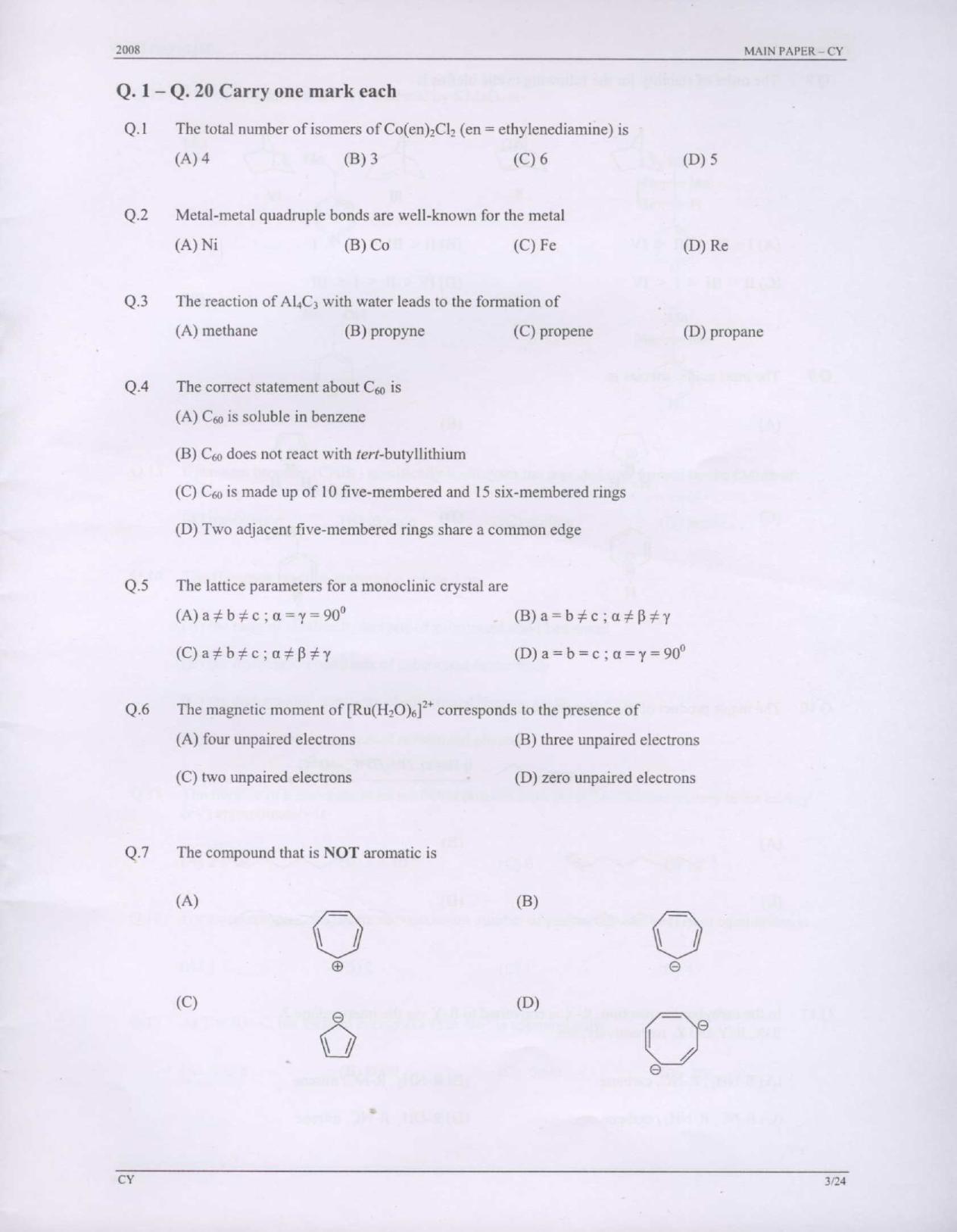 GATE 2008 Chemistry (CY) Question Paper with Answer Key - Page 3