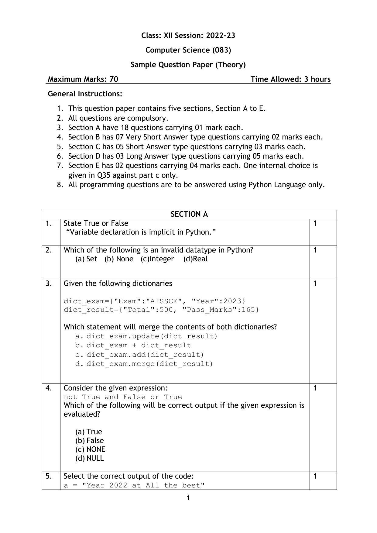 CBSE Class 12 Computer Science Sample Paper 2023 - Page 1