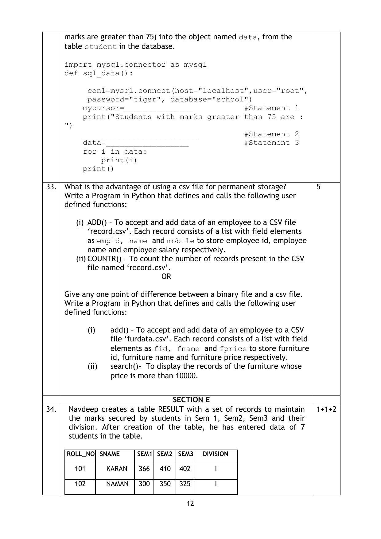 CBSE Class 12 Computer Science Sample Paper 2023 - Page 12
