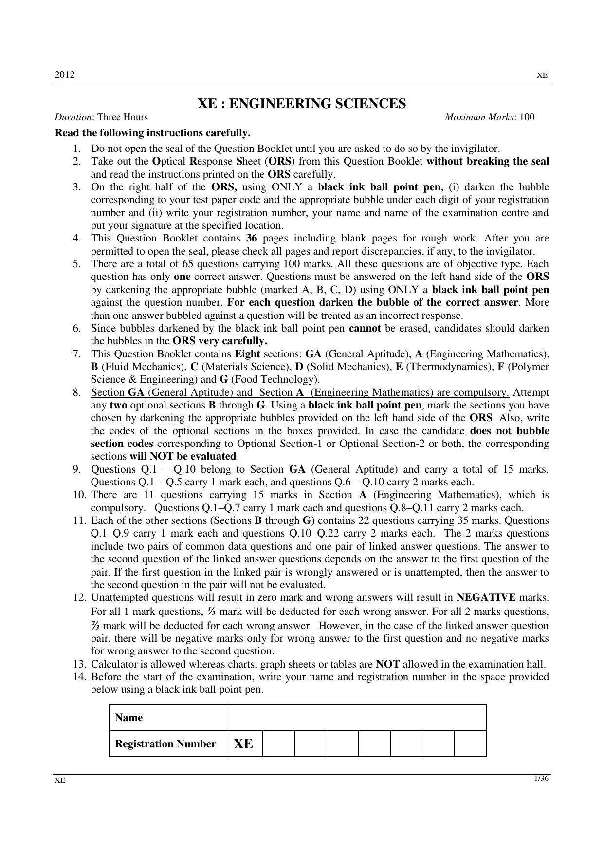 GATE 2012 Engineering Sciences (XE) Question Paper with Answer Key - Page 1