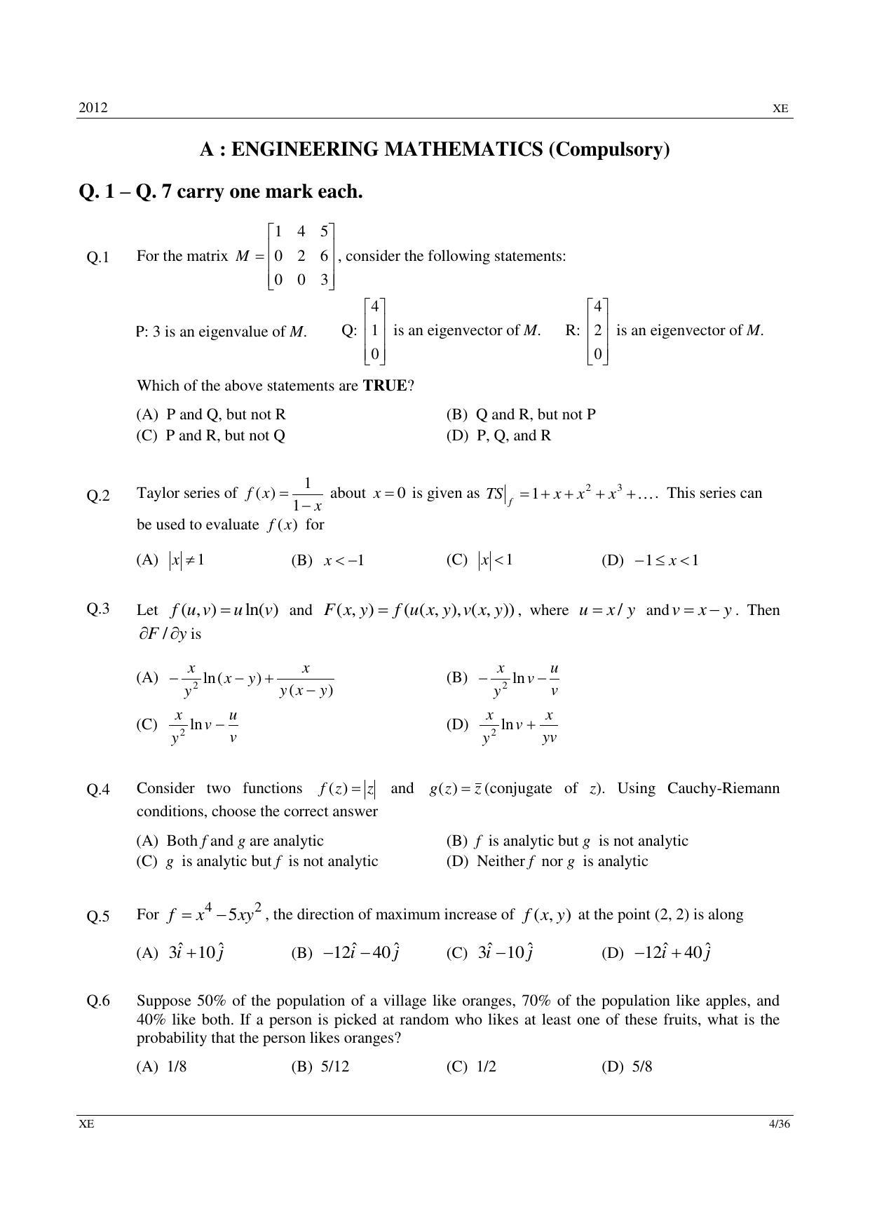 GATE 2012 Engineering Sciences (XE) Question Paper with Answer Key - Page 4