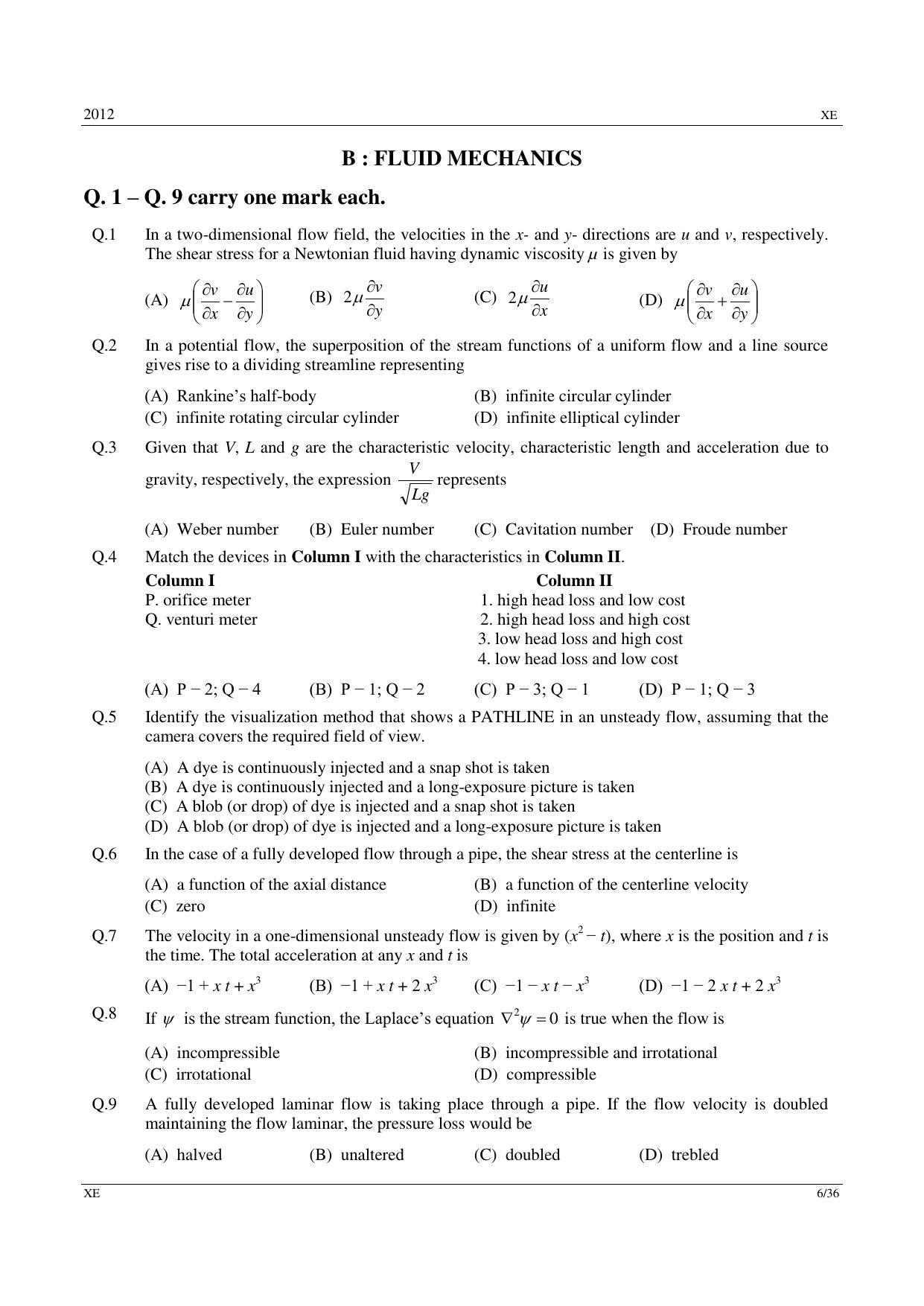 GATE 2012 Engineering Sciences (XE) Question Paper with Answer Key - Page 6