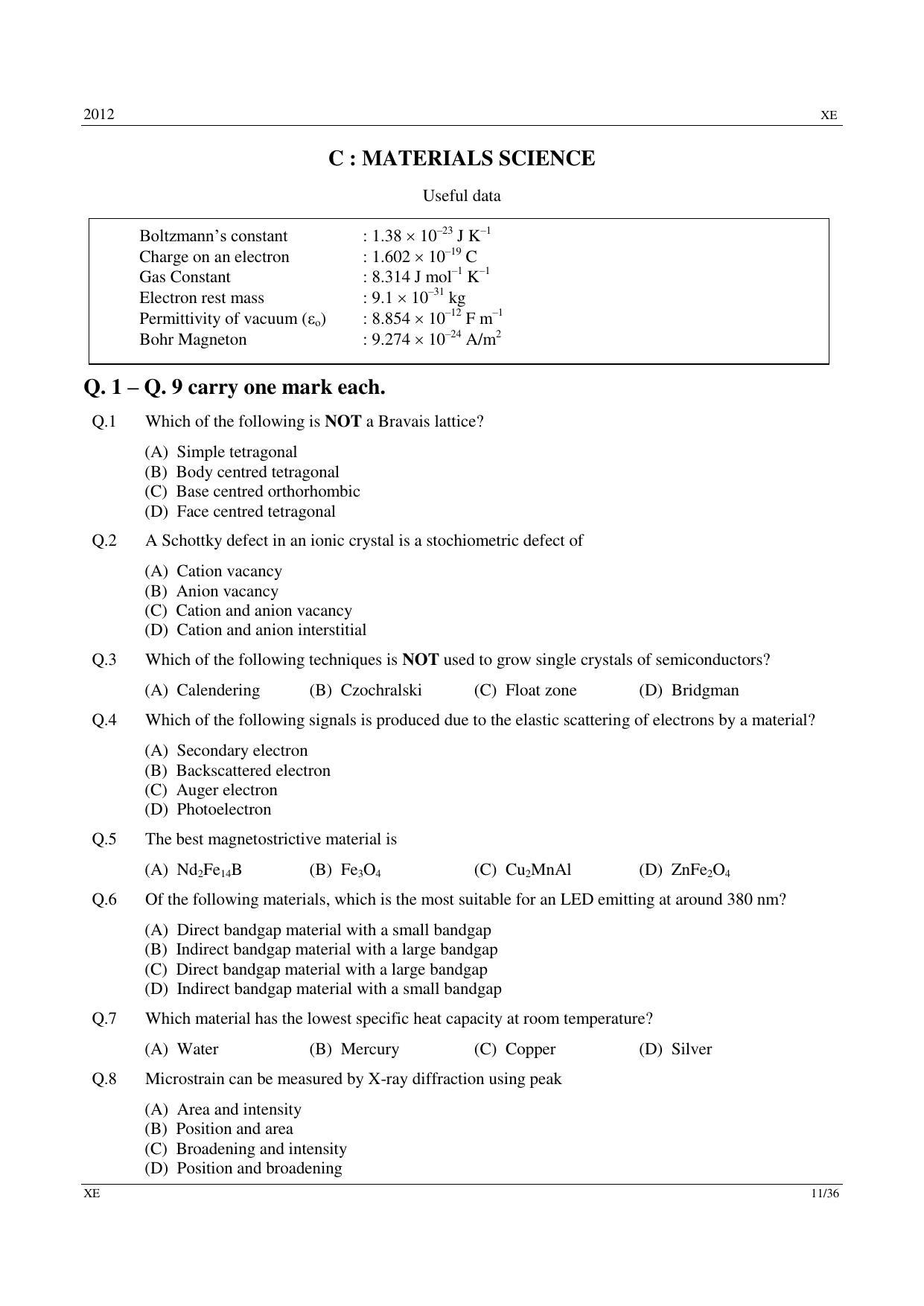 GATE 2012 Engineering Sciences (XE) Question Paper with Answer Key - Page 11